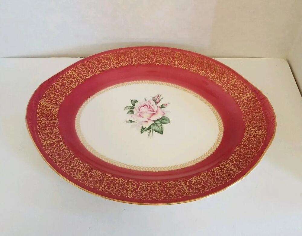 Vtg Homer Laughlin Nautilus Lady Stratford Pink Rose 13.5"Oval China Platter